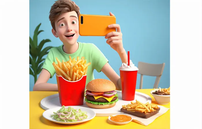 Boy Taking Snap of Meal 3D Graphic Illustration image